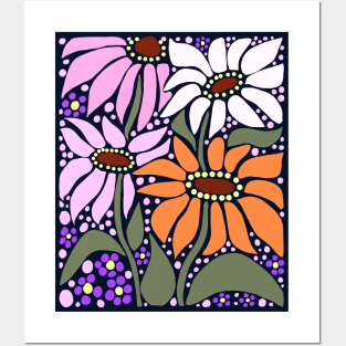 Cute pink white and orange summer wildflowers boho Art style Posters and Art